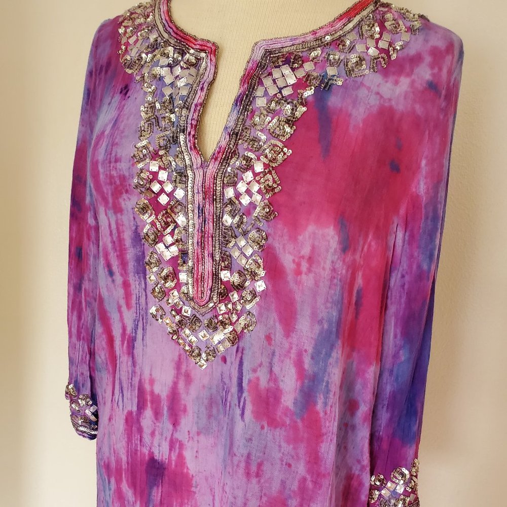 Calypso St Barth Beaded Cotton Tunic shirt bollywood purple pink blue tie dyed - Picture 2 of 3